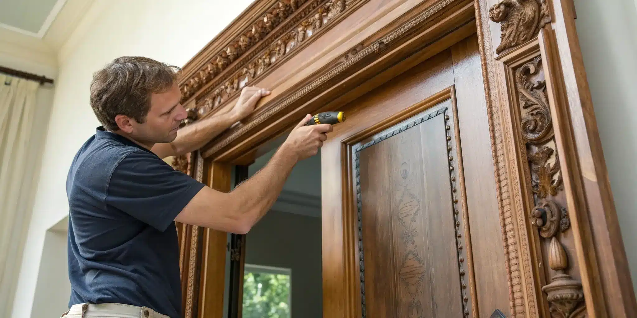 A person fitting a new fire door into an existing old wooden frame.