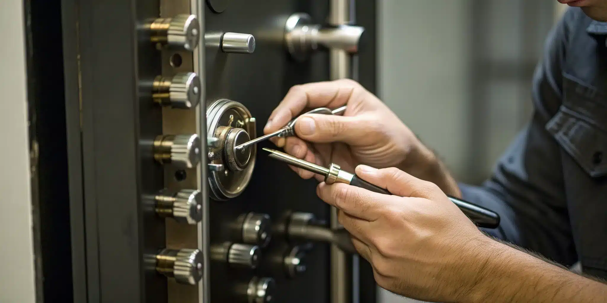 Safe locksmith carefully opening a locked safe.